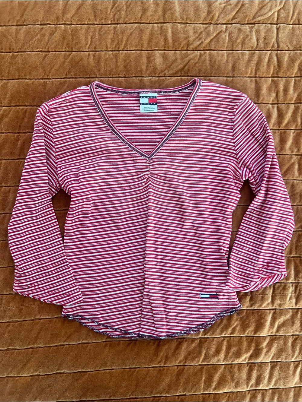 Tommy Hilfiger Tommy Jeans Red Striped V-Neck Long Sleeve Top Y2K